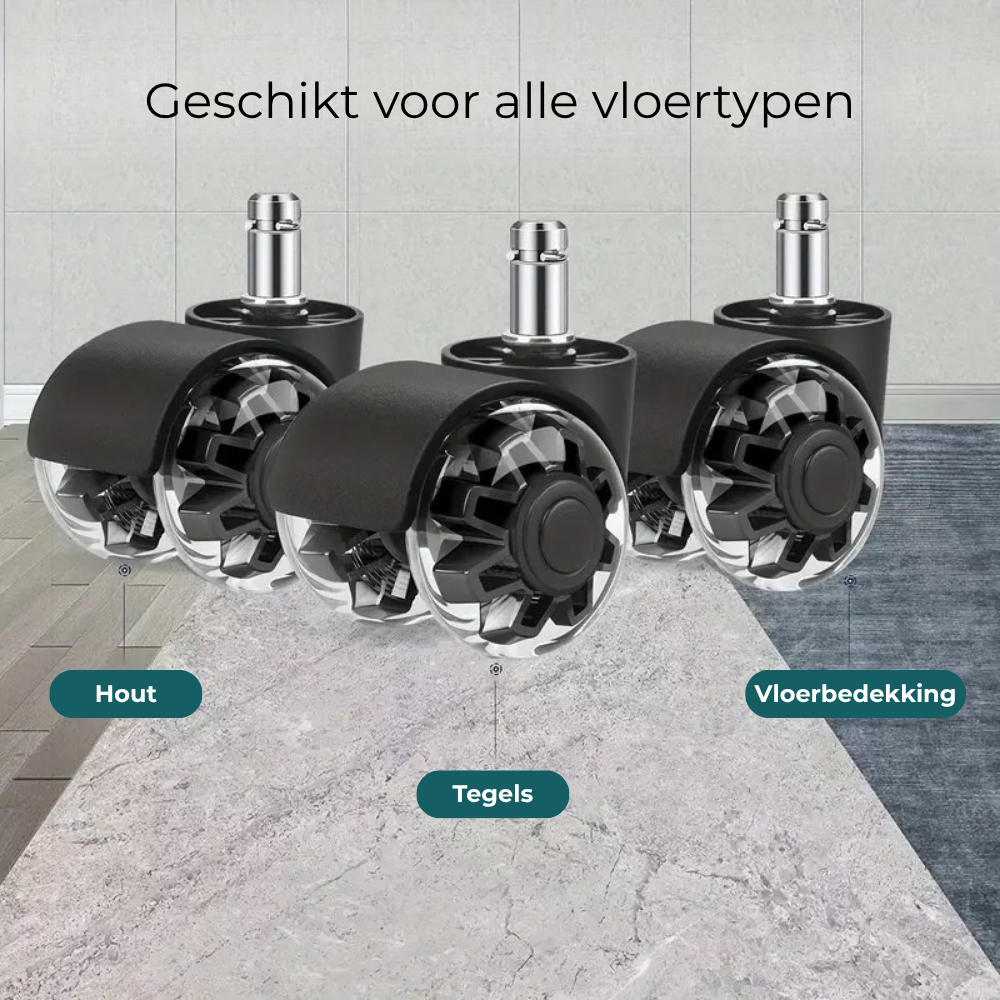 WhisperLux Glide™ – Fluisterstille Luxe Wielen voor Bureaustoelen (Set van 5)